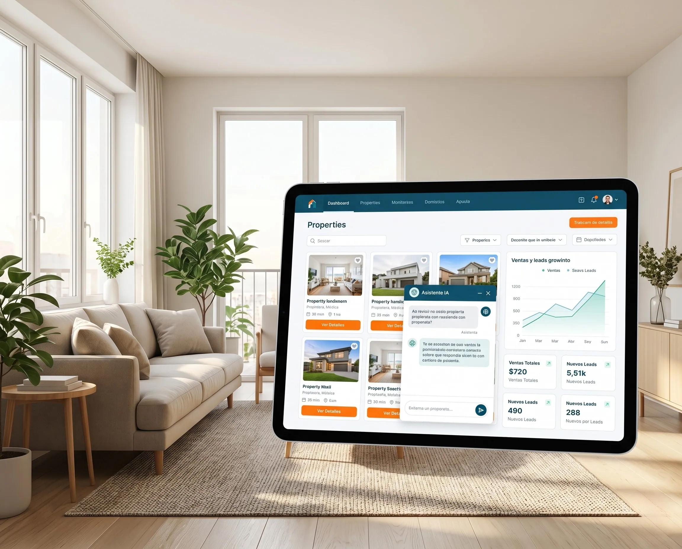 Software inmobiliario de Efamaa con IA: panel de gestión de propiedades, asistente que responde consultas y métricas de ventas en crecimiento